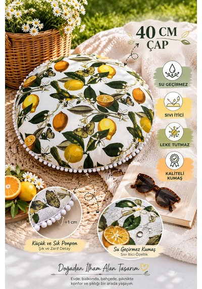 Yuvarlak Minder 40 Cm Ponponlu Limon Desenli Su Geçirmez Sıvı İtici Bahçe Balkon Minderi Çok Renkli