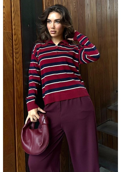 Madmext Bordo Çizgili Polo Yaka Düğmeli Kadın Kazak Mg2561 Bordo
