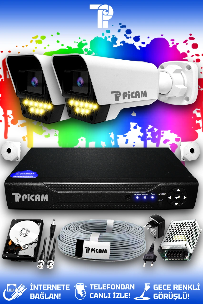 Picam 2 Kameralı Süper 2 Dış Kamera Set 500 GB 5 MP 2K Net Renkli Gece Görüşlü Güvenlik Kamerası Sistemi