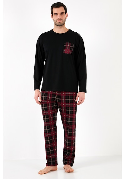 Buratti Ekoseli Cepli Beli Lastikli % 100 Pamuk Regular Fit Erkek Pijama Takımı 6572001 Siyah-Bordo