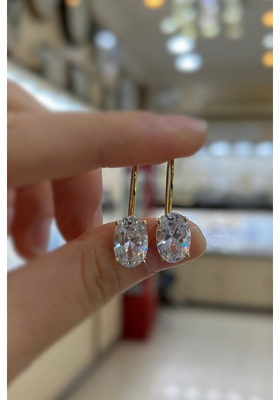 Gümüş Oval 12x8 Mm 4,5 Carat Sallantılı Altın Kaplama Tektaş Küpe Sarı