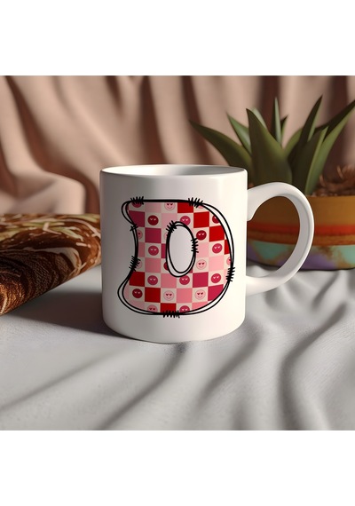 D Harfi Pembe Kareli Kalpli Göz Emojili Kupa Bardak Eğlenceli Kareli Tasarım Kahve Çay Kupası 07 Beyaz
