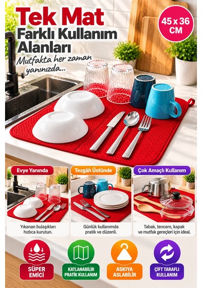 Kırmızı Bez Mikrotex Bulaşık Kurutma Matı 45x36 Cm Süper Emici Katlanabilir Tezgah Üstü Kurutma Matı