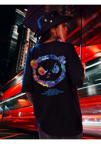 Kadın Siyah Oversize Kızgın Ayı Baskılı T-shirt Siyah