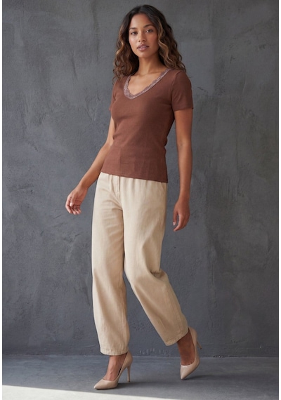 Kahverengi V Yaka Dantelli Slim Fit Kadın Tişört Mg2683 Kahverengi