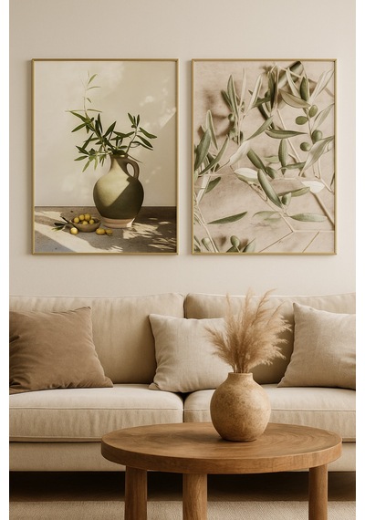 Zeytin Sessizliği - Gerçek Cama Baskı Gold Alüminyum Metal Çerçeveli 2'li Modern Tablo
