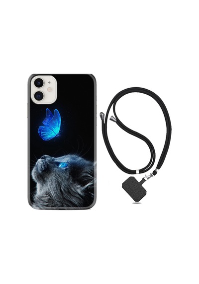 Apple Uyumlu iPhone 12 Kılıf Boyun Askılı Butterfly Cat 1891