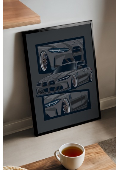 Bmw M3 G80 Siyah Ahşap Çerçeveli Poster, Dekoratif Araba Duvar Tablosu