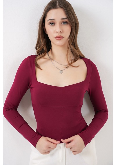 Bigdart Kadın Kare Yaka Slim Fit Bluz 986 - Bordo