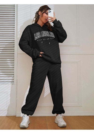 Eşofman Takımı Sweatshirt Jogger - Siyah Baskılı Oversize Şardonlu Kapüşonlu Siyah