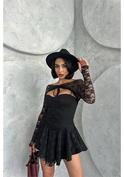 Dip Moda Kadın Bolero Detaylı Güpür Prenses Elbise Dpnbdf107 Siyah