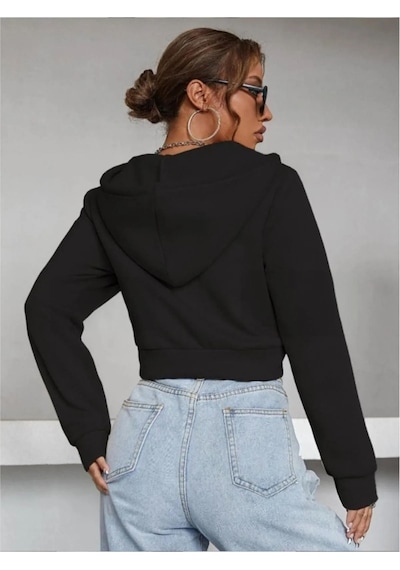 Kadın Kapüşonlu Fermuarlı Crop Hırka Sweatshirt -üç İplik Şardonlu