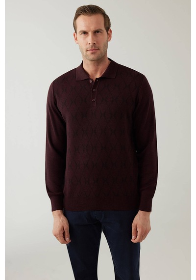 Erkek Koyu Bordo Regular Fit Desenli Yünlü Polo Yaka Triko