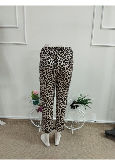 Kadın Yüksek Bel Bağcıklı Leopar Desenli Modal Pantolon