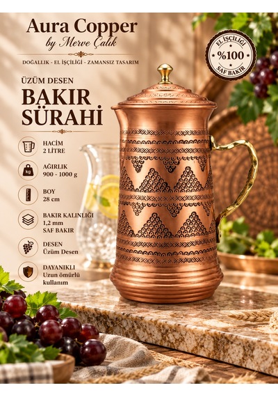 Aura Copper El İşlemeli Bakır Sürahi 2 L Kapaklı 28 Cm 1,2 Mm