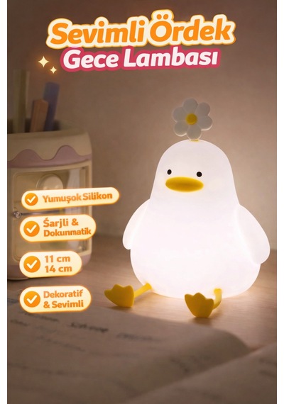 Sevimli Ördek Led Gece Lambası Dokunmatik, Şarjlı,yumuşak Silikon, Çocuk Odası İçin Dekoratif Işık Beyaz