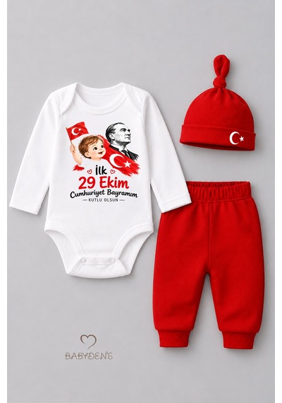 Babyden's İlk 29 Ekim Cumhuriyet Bayramım Baskılı 3'lü Bebek Takımı 100 Pamuk Uzun Kollu Çıtçıtlı Body Pantolon Bere Seti Kırmızı - Beyaz