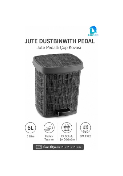Jute Pedallı Çöp Kovası Kapaklı Banyo Mutfak Wc Ofis Atık Kovası 23x23x26 Cm Siyah