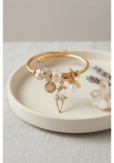 Geyik Model Gold Renk Beyaz Charmlı Bileklik 6446404