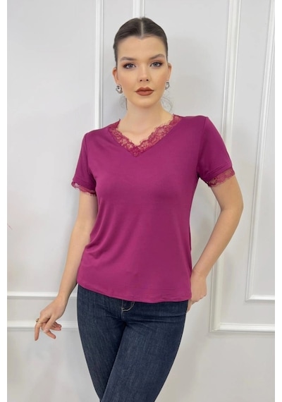 Aytemas Yakası Ve Kolları Dantelli Bluz Mürdüm