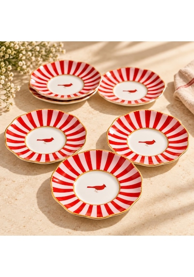 6'li Porselen Çay Tabağı Seti, Kırmızı Çizgili Kuş Desenli Gold Detaylı Diğer
