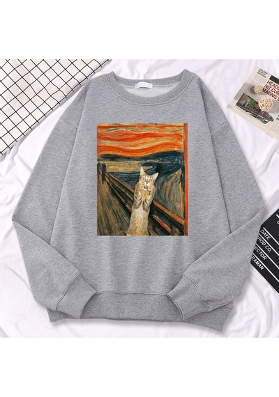 Startmore Startmorerahat Sokak Kadın Kazak Yağlıboya Cat's Catbaskı Hoody Rahat Polar Kazak Gevşek Sıcak Kadın S Gri