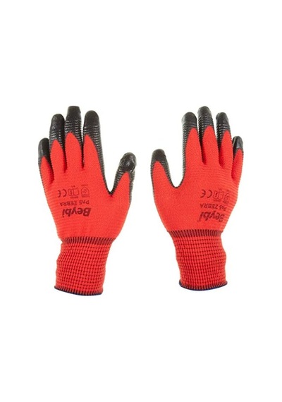 Beybi Pn5 Zebra Polyester Örme Nitril Eldiven Çift - No:9 - Kırmızı Siyah