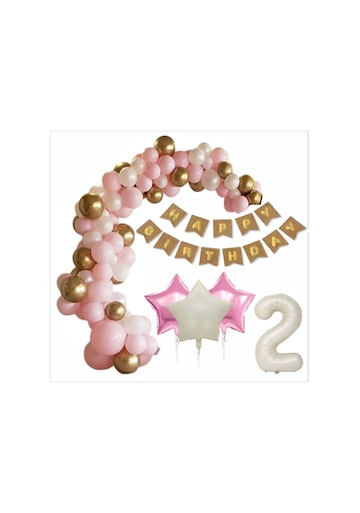 2 Yaş Kraft-gold Banner, 30 Adet Pembe, Gold, Beyaz Balon 2 Pembe 1 Bej Yıldızlı Doğum Günü Seti
