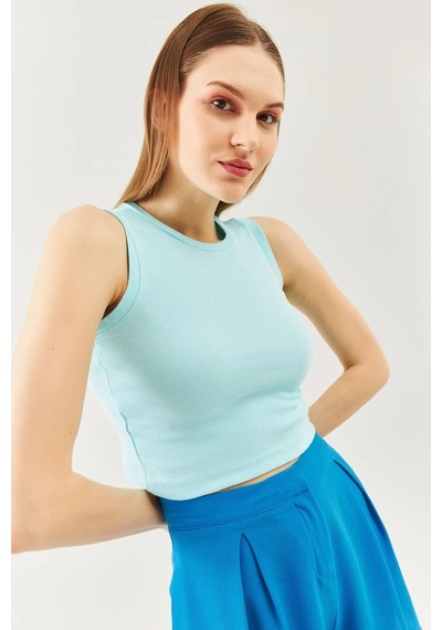 Butikgiz Kadın Sıfır Kol Bisiklet Yaka Vücuda Oturan %100 Pamuklu Kaşkorse Esnek Crop Bluz Aqua