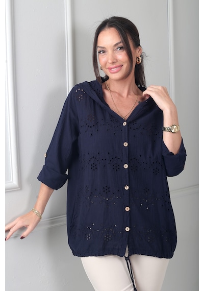 By Saygı Kadın Kapüşonlu Önü Düğmeli Cepli Brode Fisto İşlemeli İtalyan Cotton Ceket Lacivert By Saygı Kadın Kapüşonlu Önü Düğmeli Cepli Brode Fisto İşlemeli İtalyan Cotton Ceket Lacivert