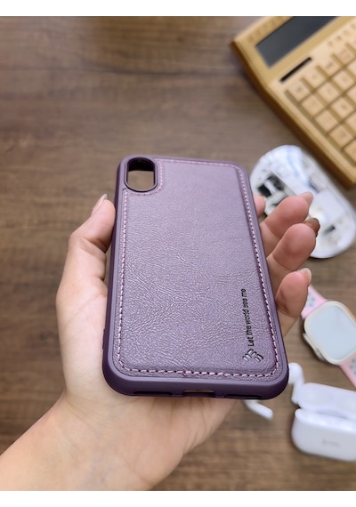 Apple iPhone X Uyumlu Premium Deri Dokulu Darbelere Karşı Dayanıklı Nazal Silikon Kılıf Mor