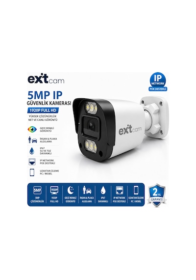 Exitcam 2 Kameralı 5 Mp Ip Poe Güvenlik Kamera Sistemi 20 İnç Monitör, 1 Tb Hdd, 100 Metre Kablo, Sesli Ve Gece Renkli