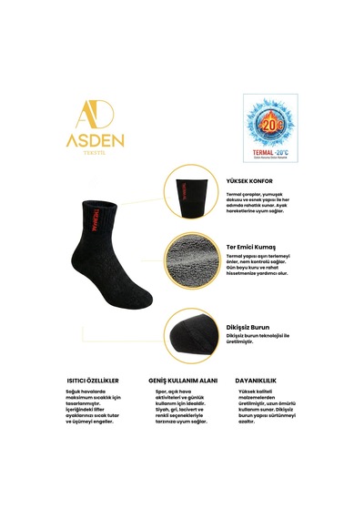 Asden 6 Çift Termal Erkek Çorap Ekstra Kalın Havlu Premium Pamuklu Burun Dikişsiz Kısa Konç Siyah Konçtermalmix6lı