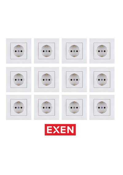 Exen Beyaz Topraklı Priz Mekanizma+çerçeve 12 Adet Priz Çerçeve