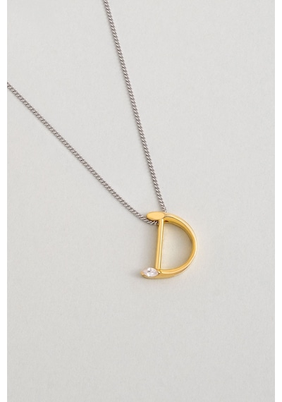 Asimetrik D Harfi 18 Ayar Beyaz Ve Sarı Altın Kaplama 45 Cm Gümüş Harfli Kolye Gold - Gümüş