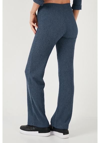 Lela Slim Fit Yüksek Bel Geniş Paça Dokulu Bayan Pantolon 5865944 Indigo