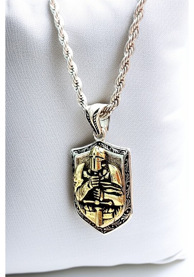 Ak Store Silver Gümüş Kaplama Krom-Çelik Erkek Kolye Madalyon Spartalı Şovalye Kalkan Gümüş