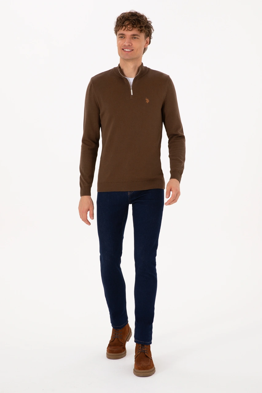 U.S. Polo Assn. Erkek Slim Fit Yarım Fermuarlı Kahverengi Basic Kazak 50313695-VR029