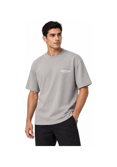 Genel Markalar Unisex Yarım Oversize Bisiklet Yaka Pamuklu Baskılı Tişört Gri