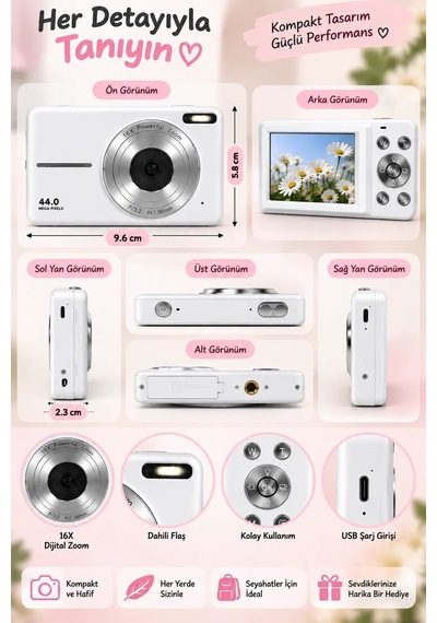 Magicool 4k Figürlü Çantalı Dijital Video Kamera 44mp 16x Zoom Işıklı Kart Dijital Fotoğraf Makinesi Beyaz
