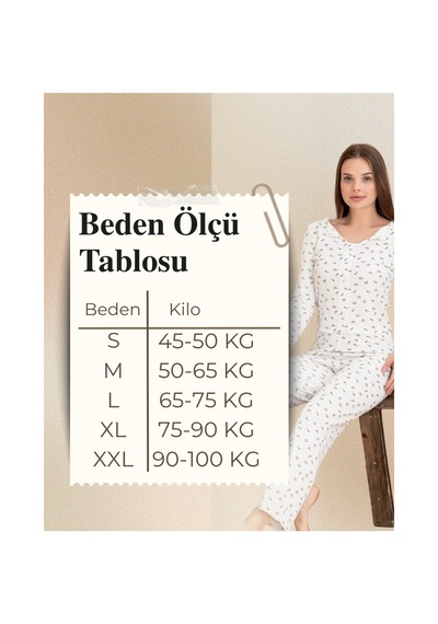 Eliz Kadın Kurdele Detaylı Kiraz Desenli U Yaka Likralı Pijama Takım Ekru