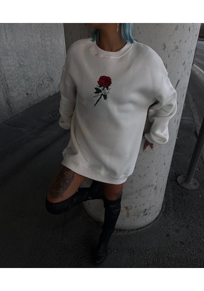 Zenna Tarz Oversize Üç İplik Bisiklet Yaka Baskılı Sweatshirt - Beyaz