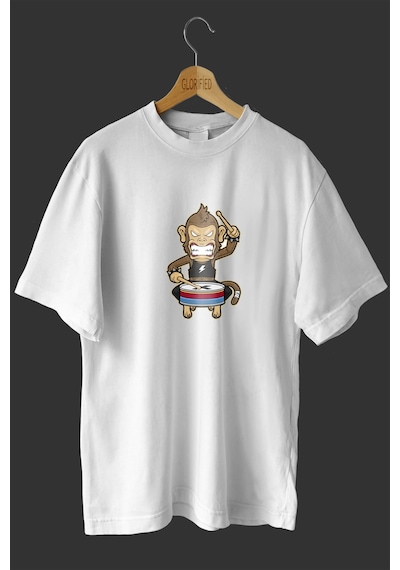 Noıssey -wed Baterist Maymun Tasarım Baskılı Oversize T-shirt Tişört Beyaz