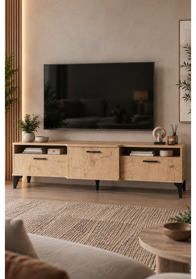 Sulorahome Bej Traverten Desenli Suntalam Tv Sehpası 160x40 Cm Turkuaz