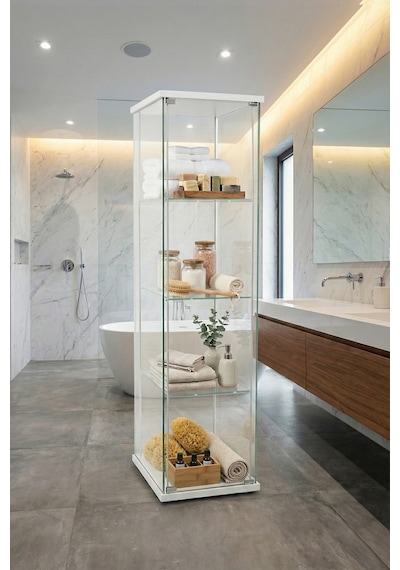Cam Raflı Kapaklı Düzenleyici Banyo Dolabı Çok Amaçlı Lavabo Malzeme Dolap Havluluk Organizer Beyaz-3raf