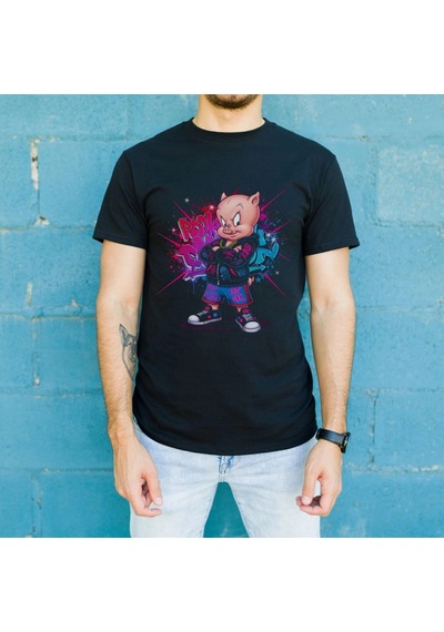Freedom Store Porky Pig Graffiti Baskılı Unisex Siyah Oversize Tişört - 24/1 Penye