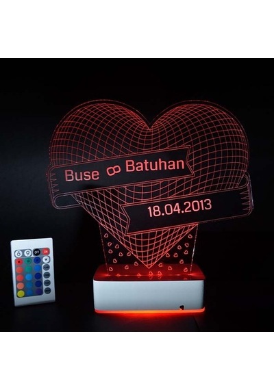 Sevgiliye Hediye Kalp & Isim & Tarih 3D Led Tasarım Lamba