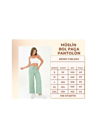 Mg Otantik Kadın %100 Pamuk Yazlık Müslin Salaş Bol Paça Pantolon Mg001 Mint Yeşili