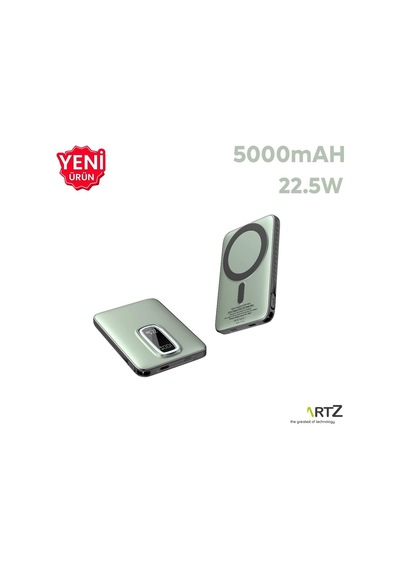 Magnetic Power Bank 5000 Mah Kablosuz Hızlı Şarj Led Gösterge Ekran Magsafe Uyumlu 22.5w Pd Qc Taşınabilir Şarj Cihazı Standlı Kendinden Kablolu Type-c Usb Powerbank Güç Kaynağı Fast Zümrüt Yeşil