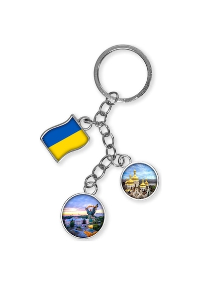 Ukrayna Üçlü Epoksi Metal Çift Taraflı Damla Anahtarlık Ukraine Gümüş